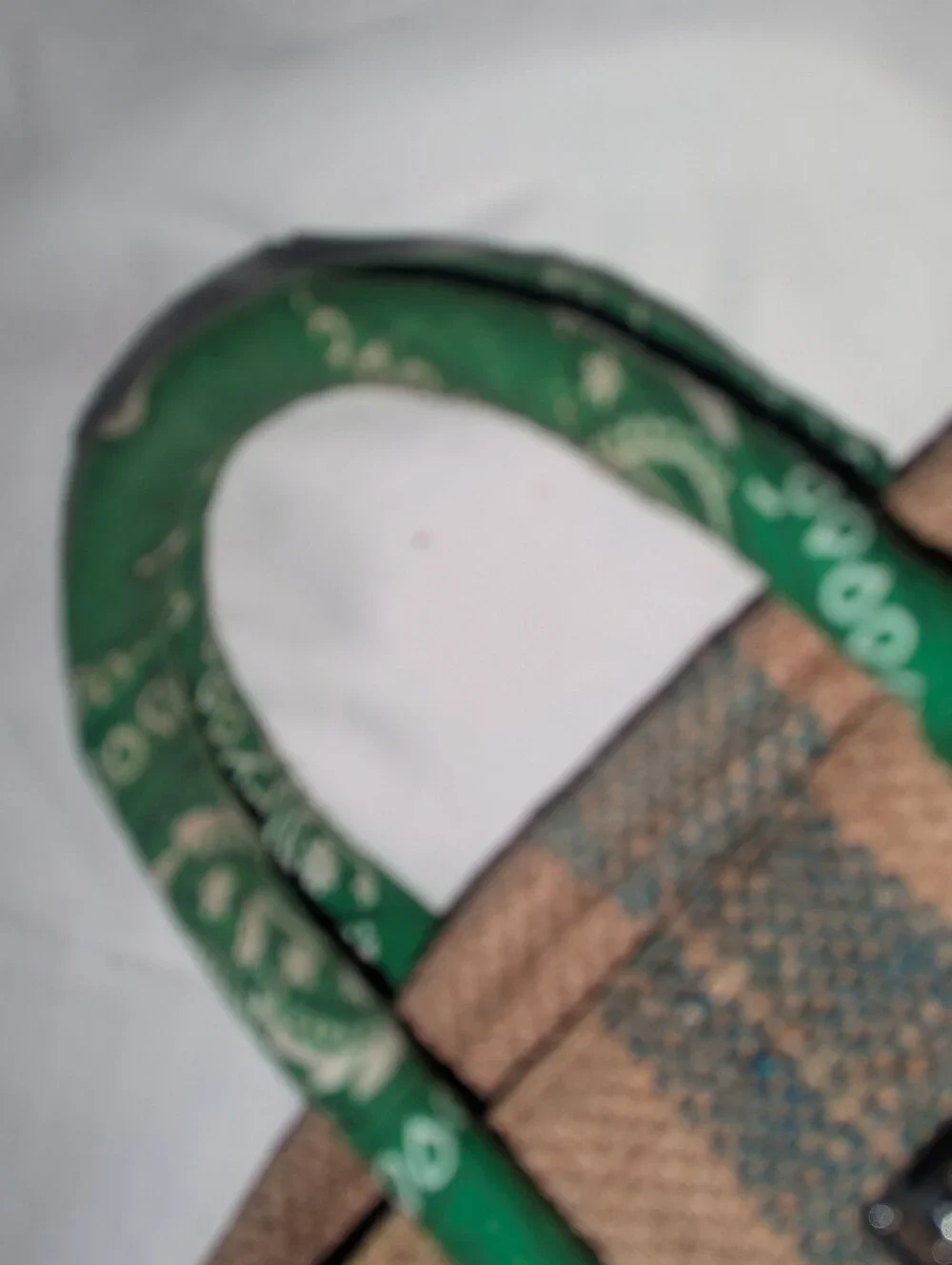 Woven Paris Jute Burlap Satchel Bag with Green Bandana Wrapped Handles Accent